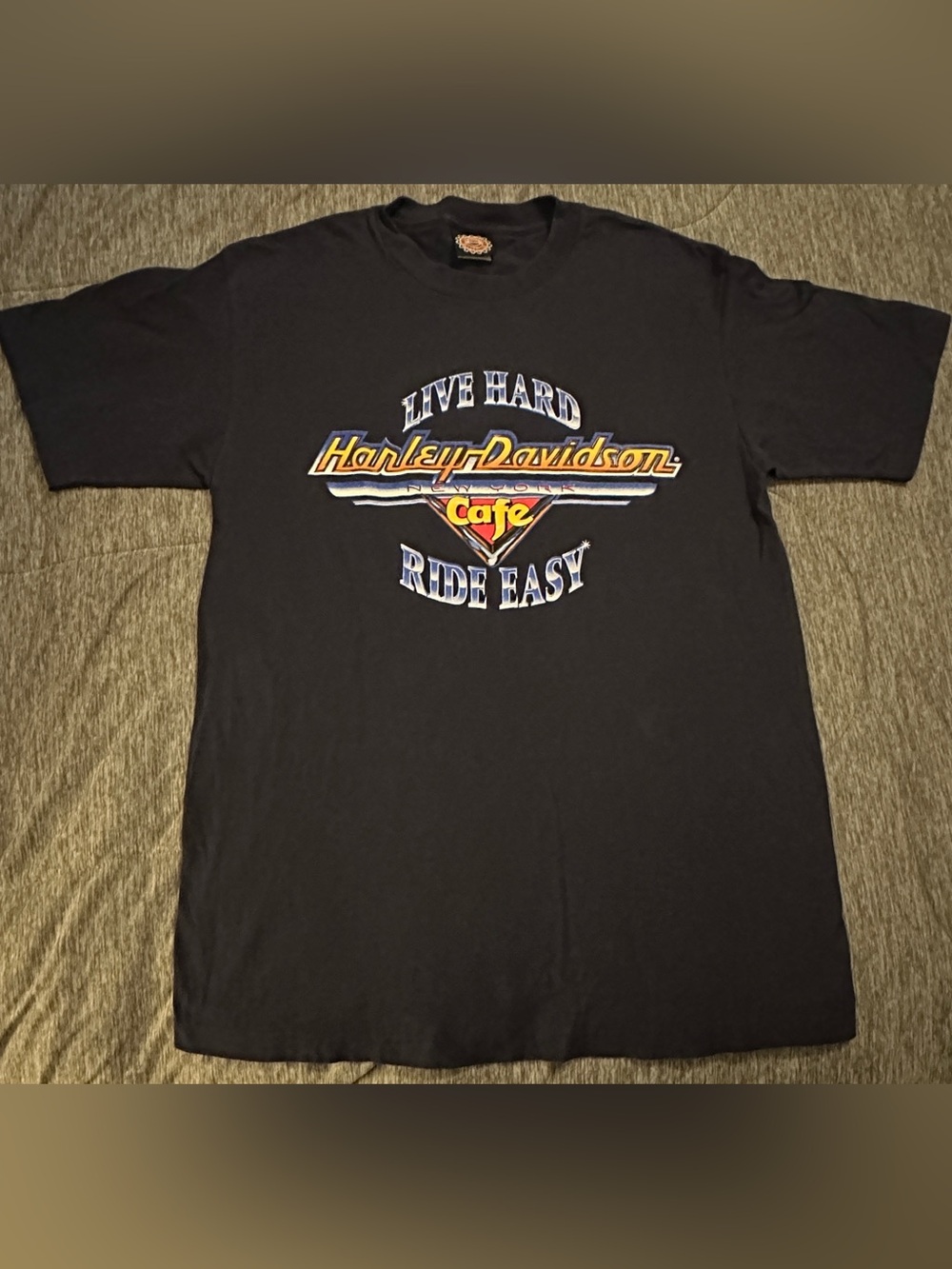Harley-Davidson Blue Tee with New York Cafe Live Hard Ride Easy Logo